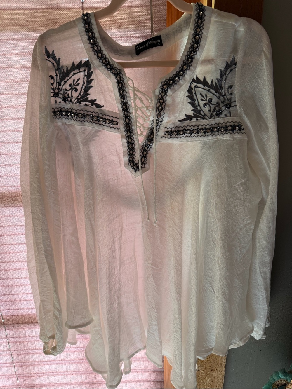 Union of Angels White Peasant Blouse with Black Embroidery